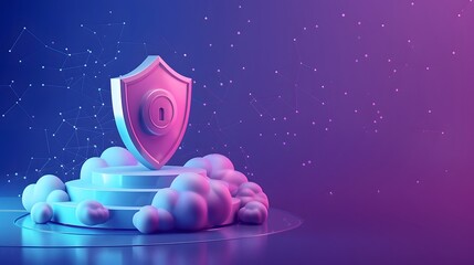 3D shield with cloud protection concept in a futuristic digital landscape. Securing data in the cloud with modern technology.