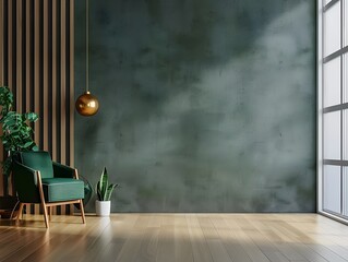 Bright and cozy modern living room interior with green armchair and decoration room on empty dark green wall background