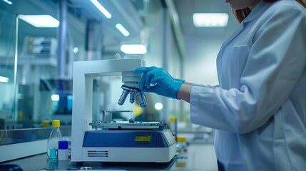 Scientist using a precision balance for accurate measurement, emphasizing exactness and detail, in a sleek laboratory atmosphere