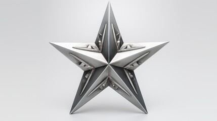 Obraz premium A three-dimensional silver metallic star sculpture with a sleek, reflective surface