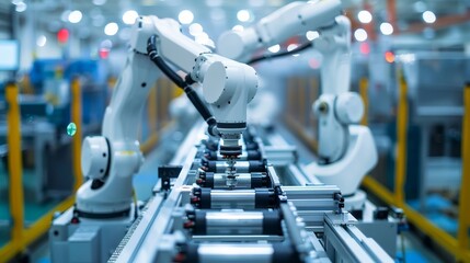 Shiny automated production line, robots fabricating luxurious items with precision, sophisticated industrial setting, gleaming surfaces