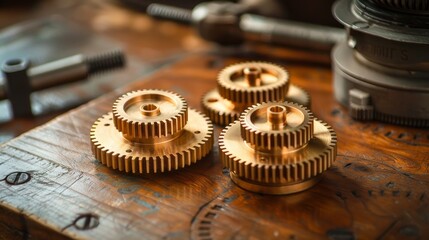 Shiny brass gears intricately meshed, showcasing detailed craftsmanship and industrial elegance, perfect for mechanical design enthusiasts