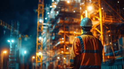 Obraz premium Shiny construction apparatus, high-tech machinery reflecting light, showcased at a modern construction site, emphasizing precision and innovation