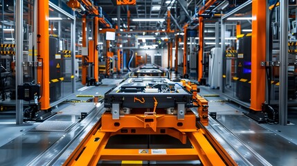 Mass production assembly line of electric vehicle battery cells close-up view