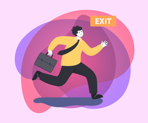 Cartoon employee with briefcase escaping from office. Businessman running towards emergency exit or fire escape flat vector illustration. Safety, evacuation concept for banner or landing web page