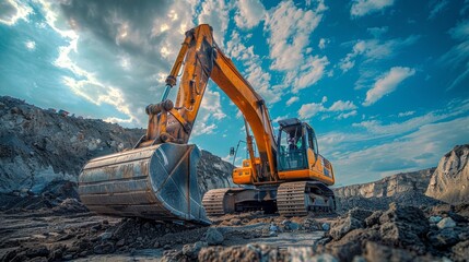 Shiny new construction apparatus, gleaming under the sunlight, set against a bustling construction site, showcasing modern engineering marvels