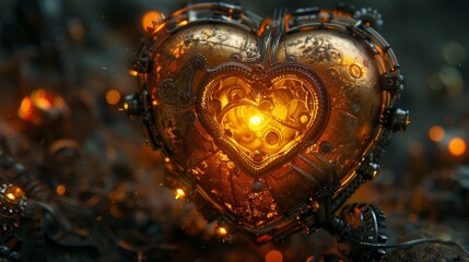 Steampunk heart with golden elements, showcasing advanced technology and innovation, surrounded by complex mechanical details, glowing softly