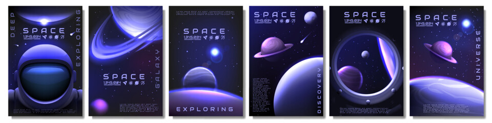 Space posters. Galaxy exploration. Astronaut spacesuit helmet. Stars and planets. 3D universe. Outer infinity discovery. Astronomy design with starlight. Vector cosmic banners design set © SpicyTruffel