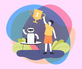 Happy young winner of school robotics competition. Kid holding award, robot or electronic toy on table flat vector illustration. Modern robots, education, programming concept for banner, landing page