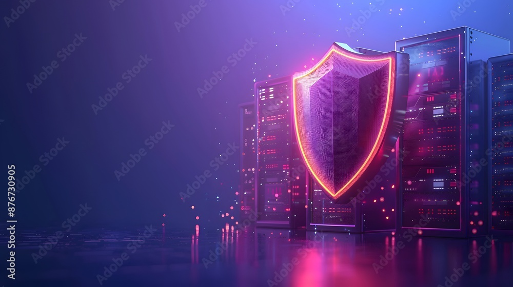 Poster digital security concept with a glowing shield and server racks, representing data protection in a f
