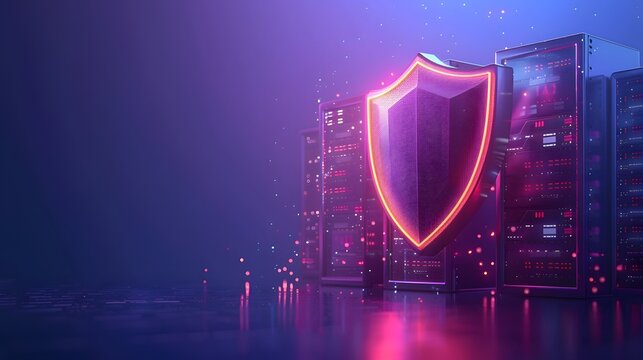 Digital security concept with a glowing shield and server racks, representing data protection in a futuristic environment.