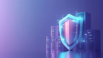 Digital shield for server protection, representing cyber security, data defense, and online safety in abstract futuristic style.