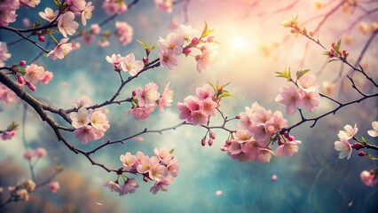 Delicate Cherry Blossoms In Full Bloom Against A Soft, Dreamy Background.