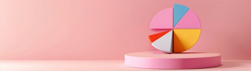 Fototapeta premium Colorful 3D pie chart on a pink background, displaying data visualization. Perfect for business, finance, or marketing presentations.