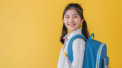 A cheerful young Asian girl with a colorful plaid shirt and backpack smiles against a vibrant yellow background with copy space, ready for school.