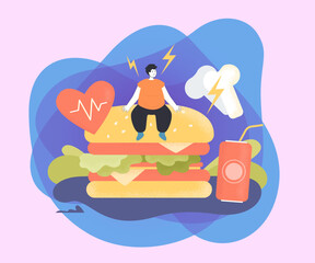 Tiny overweight person with health problems due to junk food. Risk of heart disease, high cholesterol flat vector illustration. Obesity, nutrition, fitness concept for banner or landing web page