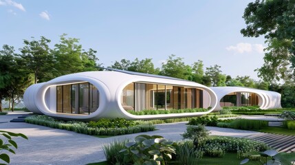 Eco-friendly habitat, sustainable home design integrated with nature, a green residence with solar panels and organic gardens, the future of abodes