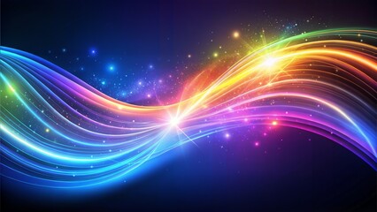Fototapeta premium Light effect, colorful rainbow wave, curve intertwined lines, magic flow abstract background with glowing trails, sparks or flare. Swirl motion in blue and purple palette Realistic vector illustration