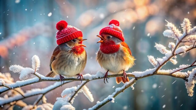 Two Cute Birds Wearing Red Hats Are Sitting On A Snowy Branch And Singing A Winter Song.
