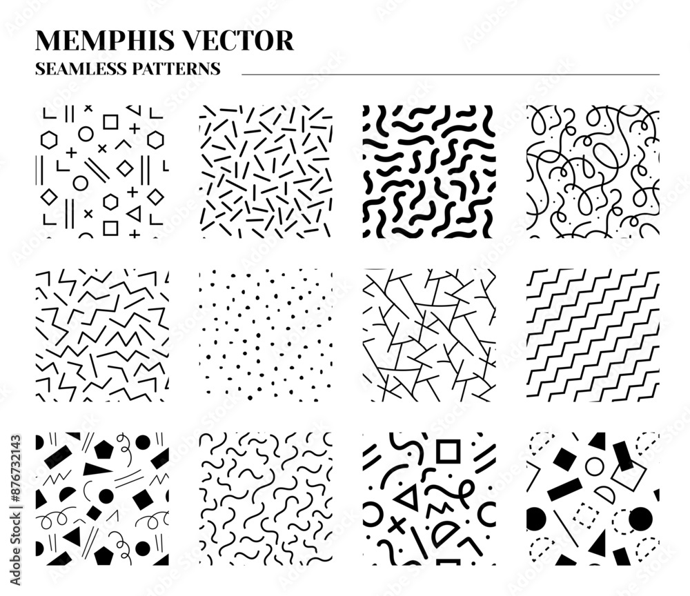Poster Memphis patterns. Abstract fun geometric doodles. 90s or 80s hipster graphic. Simple and modern cool black design. Monochrome repeated textile print. Line ornament. Vector backgrounds set