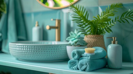 soft colors cottage spacious kids bathroom, minimalist, luxury, use brushed gold, functional decor, pale light gray-blue, blue and lime green in small details.