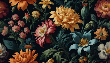 beautiful fantasy vintage wallpaper botanical flower bunch,vintage motif for floral print digital background.generative ai