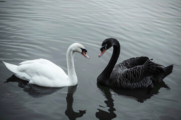 Black and white swans swimming in a lake