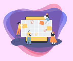 Tiny employees marking events in big appointment calendar. Busy peopke planning future tasks or projects online via planner reminder app flat vector illustration. Deadline, time management concept