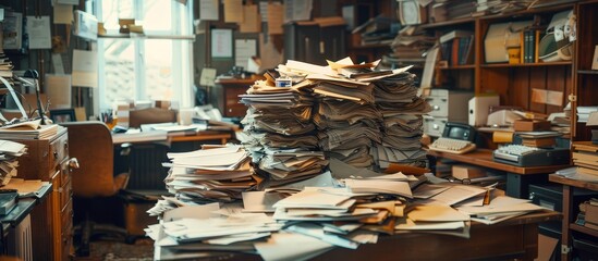 Obraz premium A disorganized office filled with piles of papers and documents, showcasing a vintage workspace with old furniture and equipment.