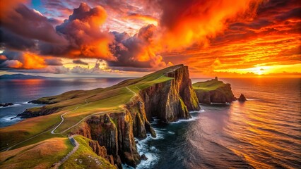 Fototapeta premium Dramatic Sunset Over The Rugged Cliffs Of The Scottish Highlands.