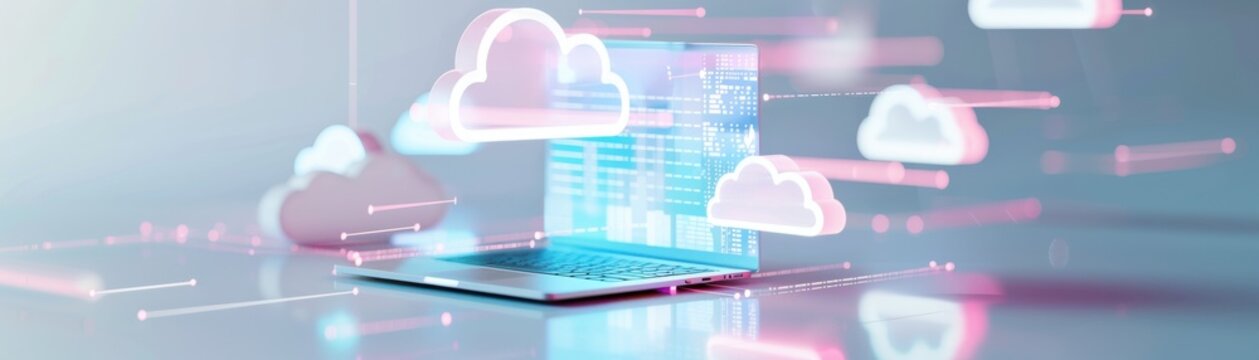 Digital illustration depicting cloud computing technology, connectivity, and data storage solutions with laptop and floating cloud icons.