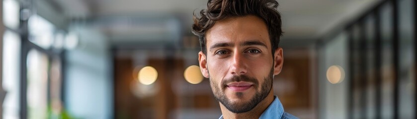Obraz premium Portrait of a confident young man with a beard in a modern office setting, featuring a blurred background and warm lighting.