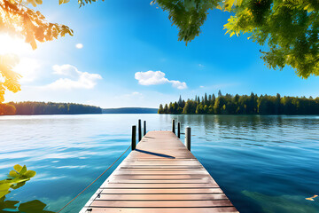 Fototapeta premium Sunshine shimmers, cool breeze whispers. Escape to our lakefront pontoon pier for endless summer memories.