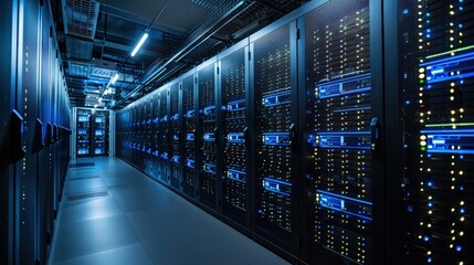 Obraz premium A high-tech data center featuring rows of server racks illuminated by blue LED lights, showcasing advanced technology and infrastructure.