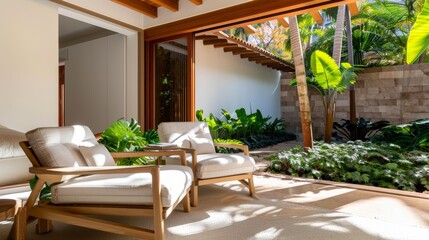 Obraz premium Primary residence with a focus on relief and well-being, incorporating cozy interiors, lush gardens, and serene outdoor spaces for ultimate relaxation