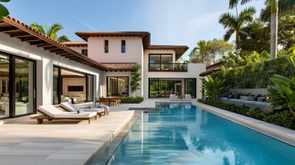 Fototapeta premium Primary residence with a focus on relief and well-being, incorporating cozy interiors, lush gardens, and serene outdoor spaces for ultimate relaxation
