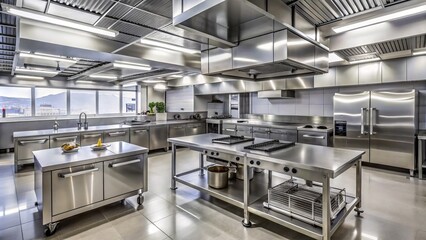 Commercial Kitchen With Stainless Steel Appliances And Large Exhaust Hood System