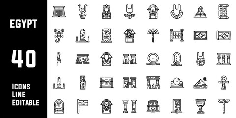 50 Egypt Icons Set Line Editable Vector Illustration