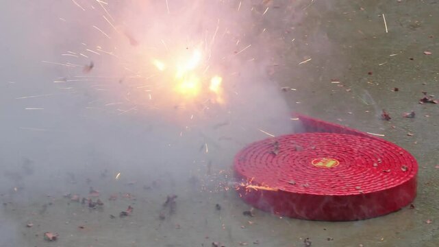 Red firecrackers explode Slow motion at Chinese New Year.