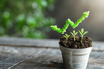 Small plant in a pot shaped like a growing graph arrow, investment success concept