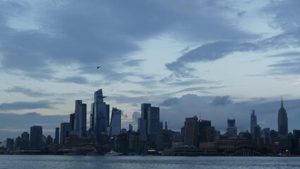 New York City waterfront skyline, Manhattan Midtown Hudson Yards buildings, riverfront skyscrapers. Waterside cityscape from Pier A Park, Hoboken, New Jersey. United States architecture. Hudson river.