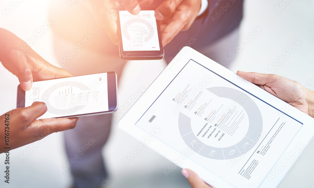 Poster tablet, phone and hands of business people with information for human resources data of survey. cell