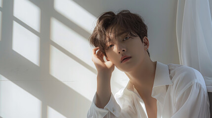 美容・脱毛・スキンケアをイメージした若い20代の笑顔で清潔感のあるかっこいい韓国人・アジア人男性_白バック・窓際	