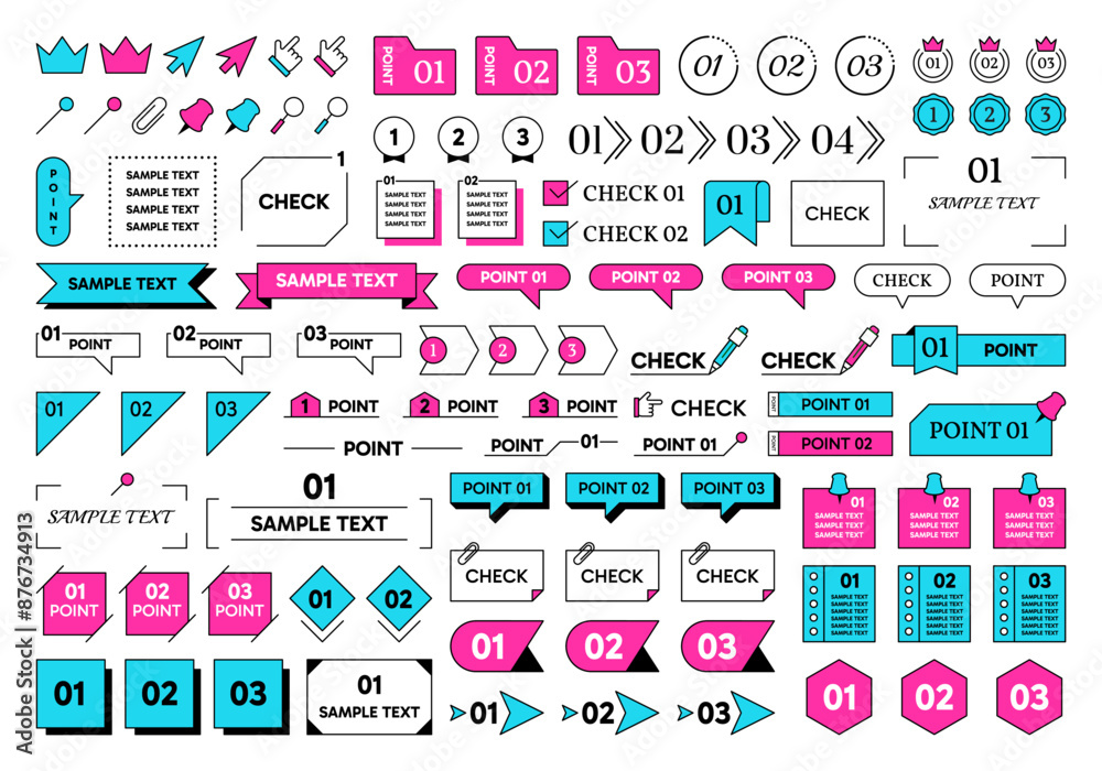 Aufkleber Line frames. Text title design. Check point. Bullet icon or ribbon figure. Simple box or border. Number tags. Diary sticker. Plan header. Pin and folder. Vector scrapbook labels set