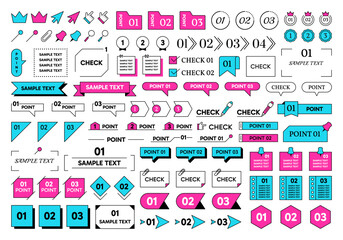 Line frames. Text title design. Check point. Bullet icon or ribbon figure. Simple box or border. Number tags. Diary sticker. Plan header. Pin and folder. Vector scrapbook labels set