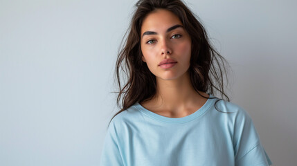 Fototapeta premium Close up woman long hair blue shirt