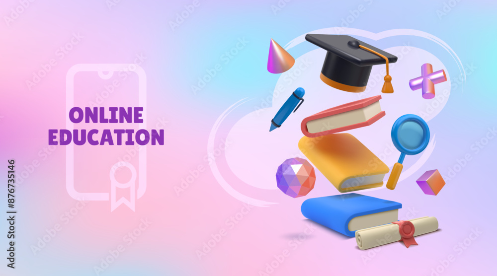 Poster 3D book banner. Isometric realistic space for online training course. Graduation hat. Internet education. Knowledge searching with magnifier. Flying render textbooks. Vector background