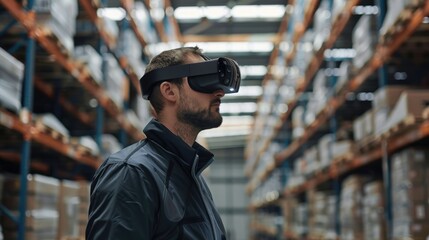 A man wearing a VR headset stands in a warehouse, utilizing virtual reality for inventory management. AIG62