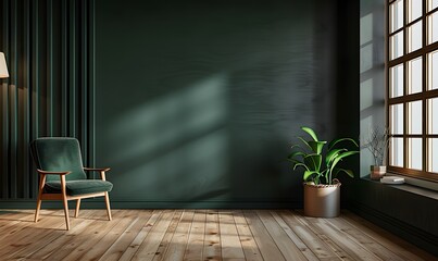 Living room interior with green armchair and decoration room on empty dark green wall background