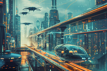 Advanced Urban Landscape with Airborne Vehicles and Modern Skyscrapers